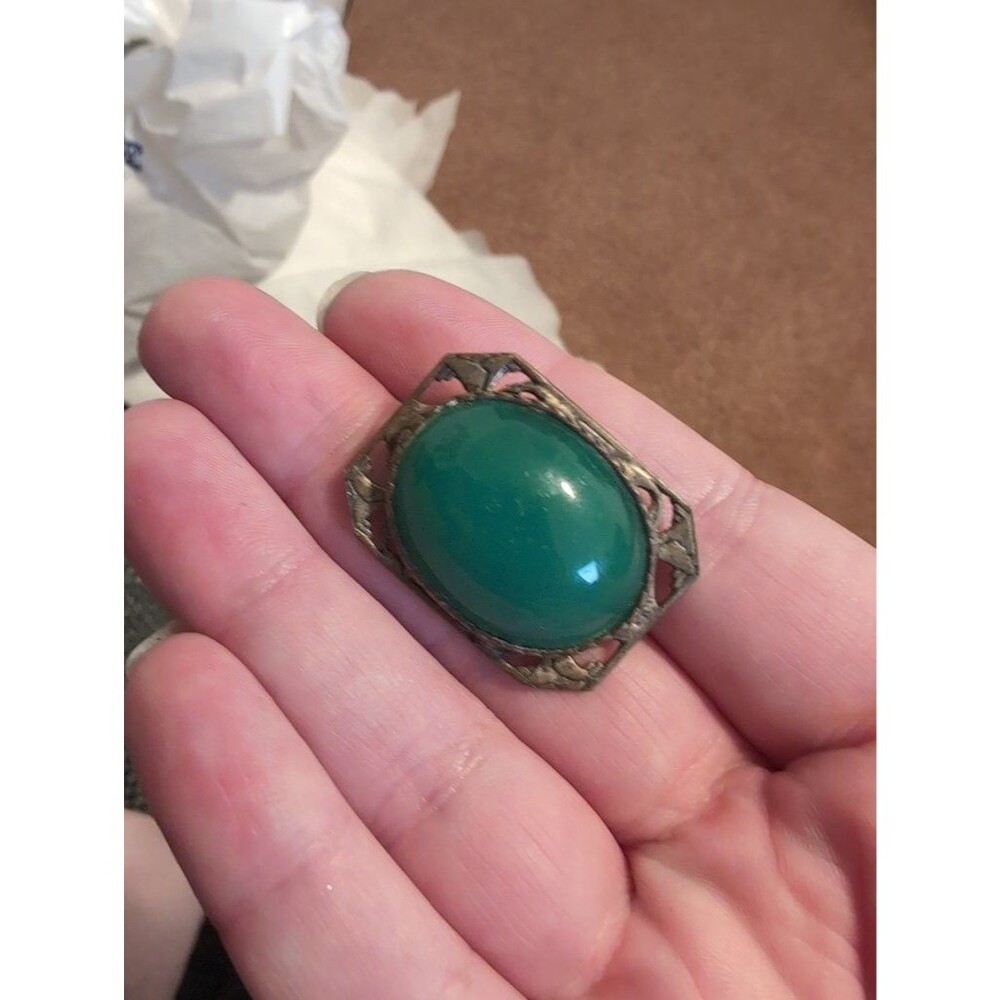 Vintage Green Stone Brooch with Filigree Setting